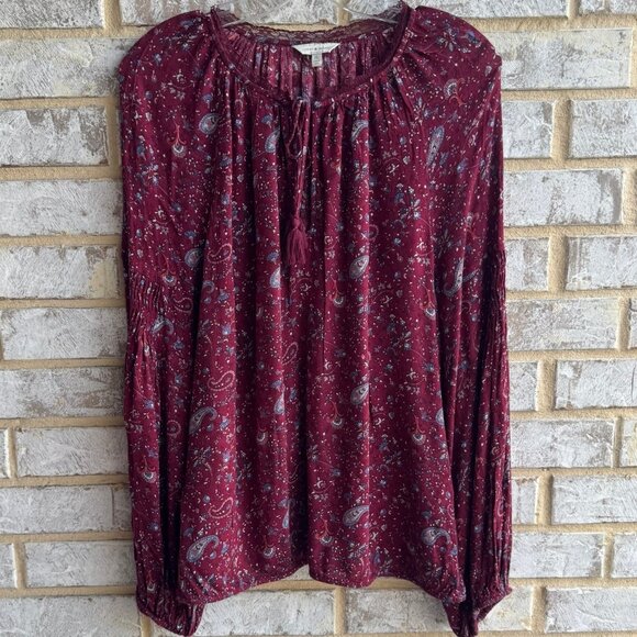 Lucky Brand Long Sleeve Tie Neck Floral Paisley Boho Blouse Women's Size XL - Picture 1 of 7
